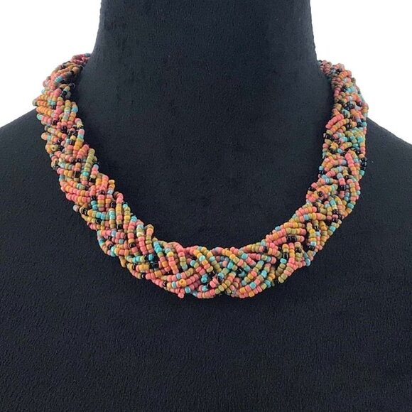 Braided Seed Beach Necklace Multi Color Pink Brown Blue Adjustable Length - Picture 3 of 3